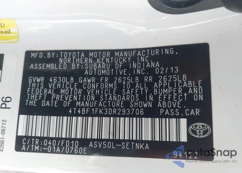 2013 Toyota Camry Le из США, поврежденный, VIN 4T4BF1FK3DR293706